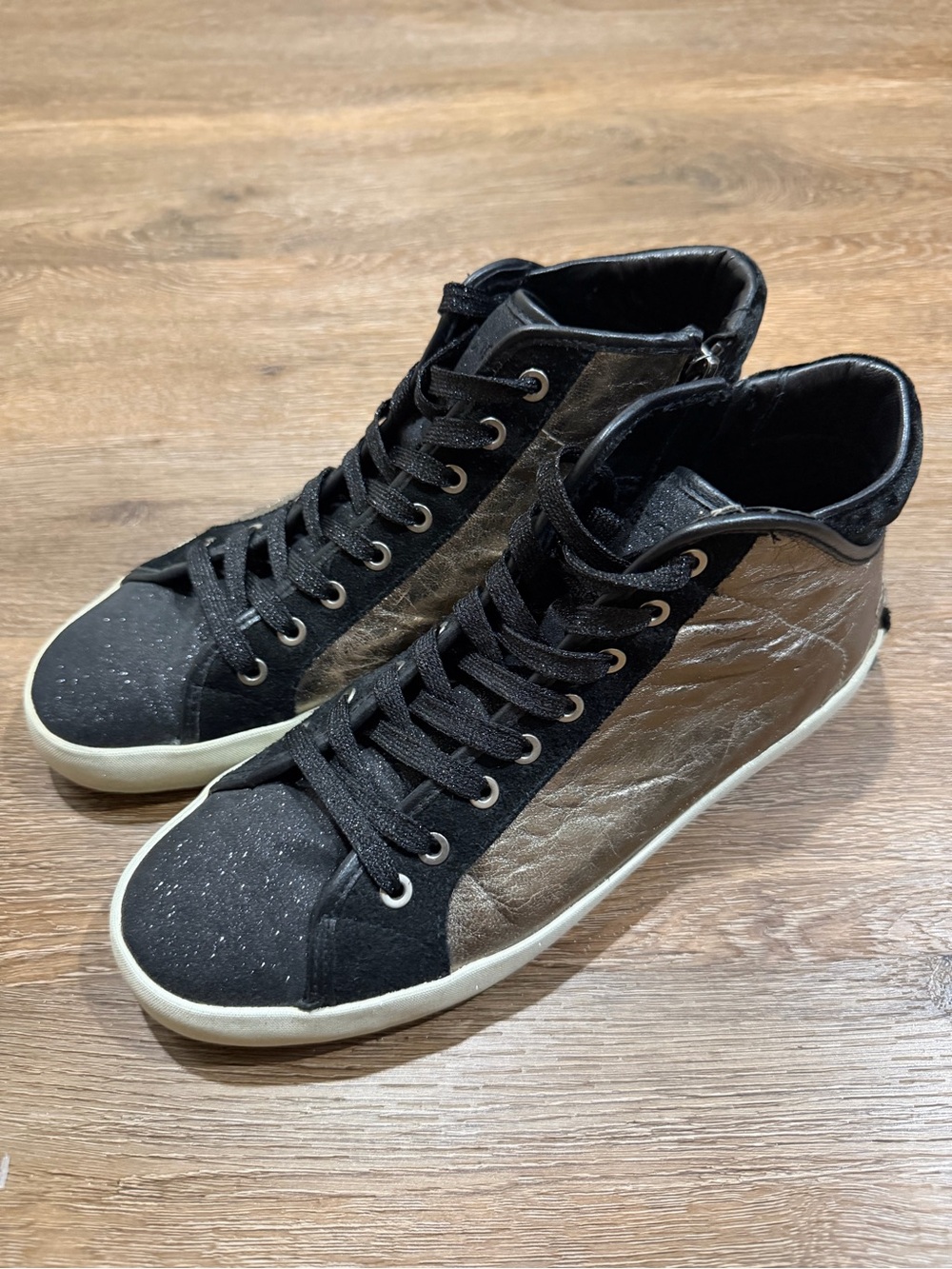 Crime London Metallic Bronze Black Leather High Top Sneakers EU 38 Side Zip
